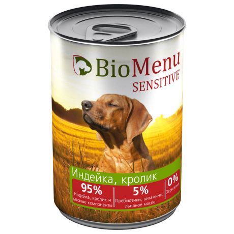 Корм влажный BioMenu Sensitive 95%-Мясо с индейкой и кроликом для собак 410 г