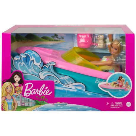 Кукла Mattel Barbie Барби в купальнике с лодкой спасательным жилетом и щенком