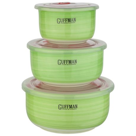 Контейнер пищевой Guffman из жаропрочной керамики с вакуумной крышкой круглый зеленый 3 штуки (0.85 л 0.6 л 0.25 л)