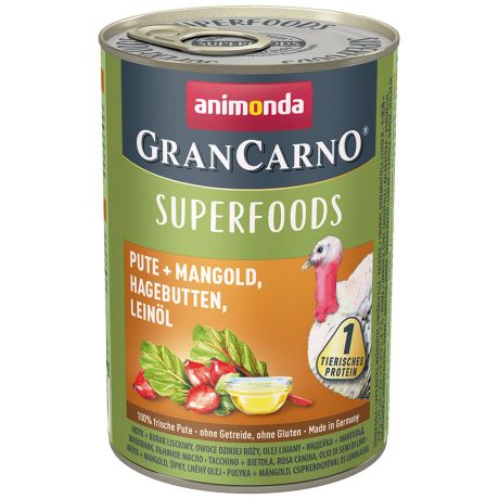 Корм влажный Gran Carno Superfoods в льняном масле c индейкой мангольдом и шиповником для взрослых собак 400 г
