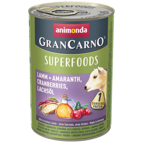 Корм влажный Gran Carno Superfoods в лососевом масле c ягненком амарантом и клюквой для взрослых собак 400 г