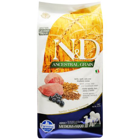 Корм сухой Farmina N&D низкозерновой с ягненком овсом и спельтой для собак средних и крупных пород 12 кг
