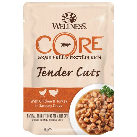 Корм влажный Wellness Core Tender Cuts из курицы с индейкой в виде нарезки в соусе для кошек 85 г