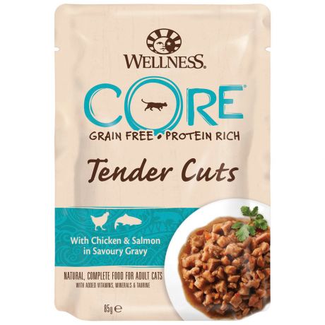 Корм влажный Wellness Core Tender Cuts из курицы с лососем в виде нарезки в соусе для кошек 85 г