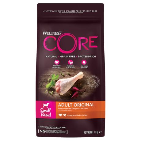 Корм сухой Wellness Core из индейки с курицей для взрослых собак мелких пород 1.5 кг