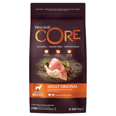 Корм сухой Wellness Core из индейки с курицей для взрослых собак средних пород 1.8 кг
