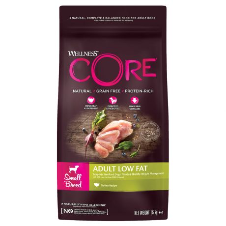 Корм сухой Wellness Core со сниженным содержанием жира из индейки с курицей для взрослых собак мелких пород 1.5 кг