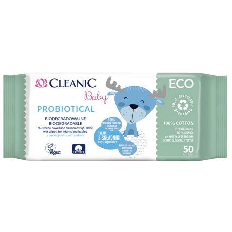 Влажные салфетки детские Cleanic Eco Baby Probiotical 0+ 50 штук