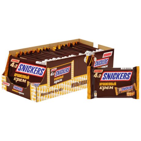 Шоколадный батончик Snickers Арахисовый крем 18 пачек (4 штуки по 36.5 г)