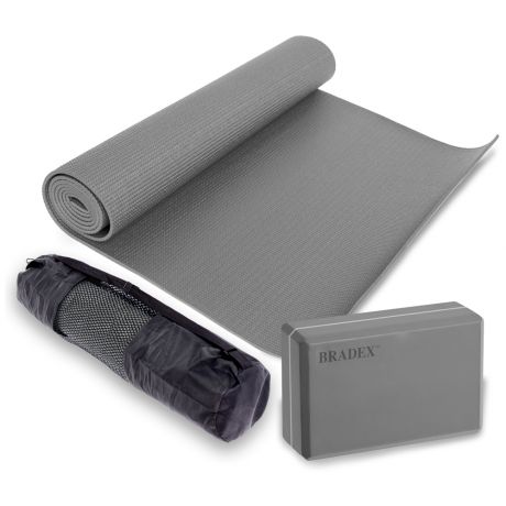 Коврик для йоги Bradex SF 0806 серый 173х61х0.3 см и блок (чехол в подарок)