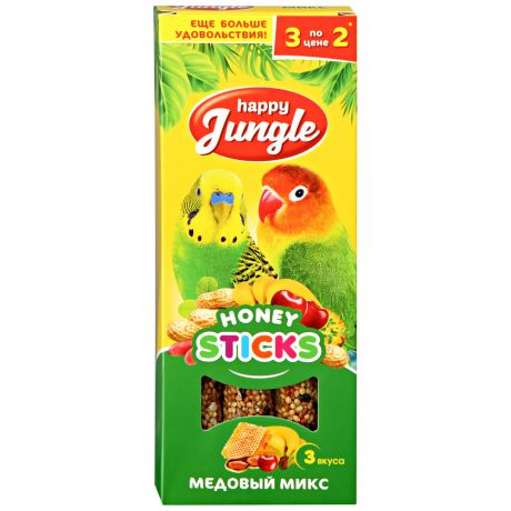 Лакомство Happy Jungle палочки для попугаев и декоративных птиц микс 3 вкуса 3 штуки по 90 г