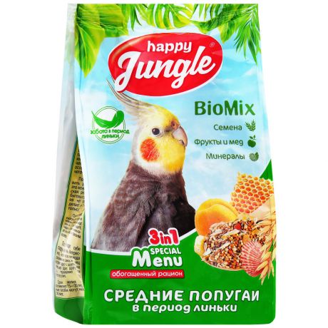 Корм Happy Jungle для средних попугаев при линьке 500 г