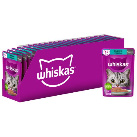 Корм влажный Whiskas полнорационный паштет с индейкой и кроликом для взрослых кошек 24 штуки по 75 г