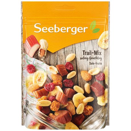 Смесь Seeberger rail mix обжаренных соленых ядер арахиса и орехов сушеных сладких ягод ревеня и банановых чипсов 150 г