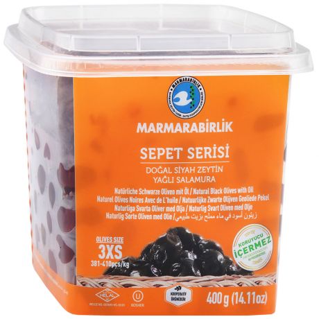 Оливки Marmarabirlik Sepet Seresi 3xs с маслом черные натуральные с косточкой 410 г
