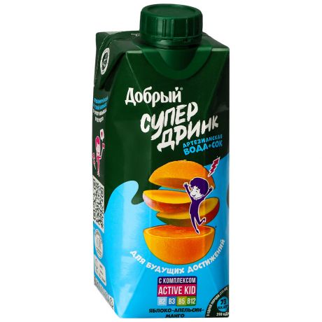 Напиток Добрый сокосодержащий из яблок апельсинов и манго Active kid обогащенный витаминным комплексом 0.33 л