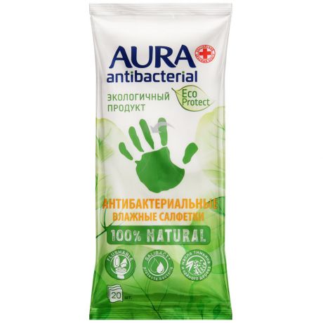 Влажные салфетки Aura антибактериальные Eco Protect Flushable pocket-pack 20 штук