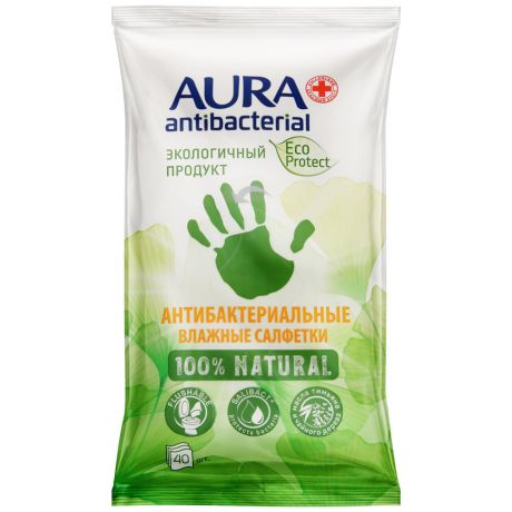 Влажные салфетки Aura антибактериальные Eco Protect Flushable big-pack 40 штук