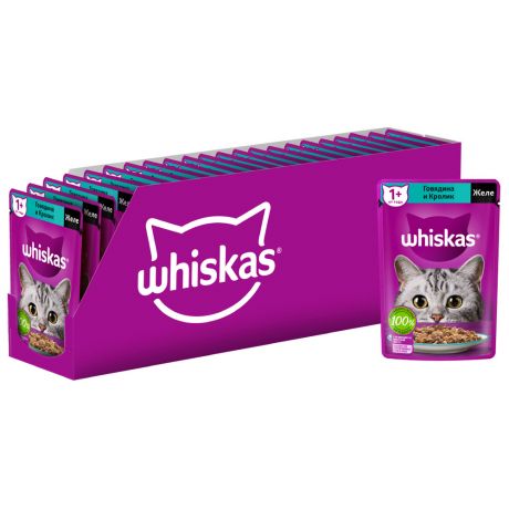 Корм влажный Whiskas полнорационный желе с говядиной и кроликом для взрослых кошек 28 штук по 75 г