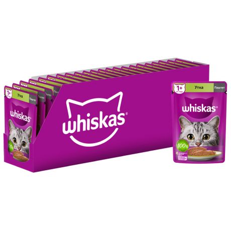 Корм влажный Whiskas полнорационный паштет с уткой для взрослых кошек 24 штуки по 75 г