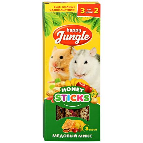 Лакомство Happy Jungle палочки для хомяков крыс мышей и песчанок микс 3 вкуса 3 штуки по 90 г