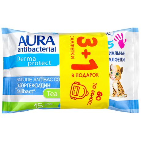 Влажные салфетки детские Aura kids антибактериальны с 3 лет 15 штук