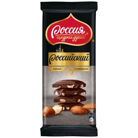 Шоколад Россия Щедрая душа Российский темный шоколад с миндалем 82 г