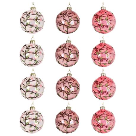 Набор елочных украшений Koopman шары розовые с рисунком 12 штук 8 см
