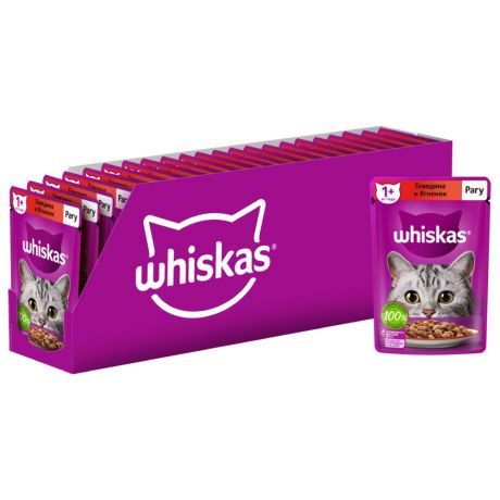 Корм влажный Whiskas полнорационный рагу с говядиной и ягненком для взрослых кошек 28 штук по 75 г