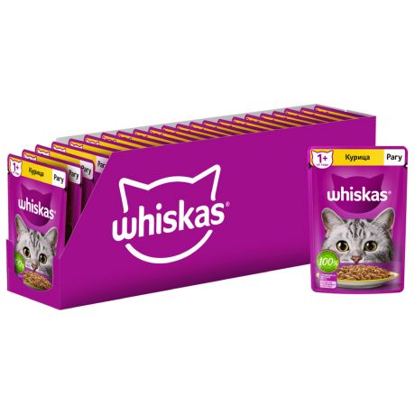 Корм влажный Whiskas полнорационный рагу с курицей для взрослых кошек 28 штук по 75 г