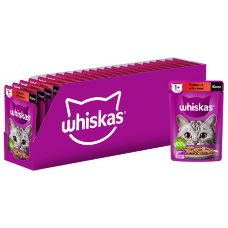 Корм влажный Whiskas полнорационный желе с говядиной и ягненком для взрослых кошек 28 штук по 75 г