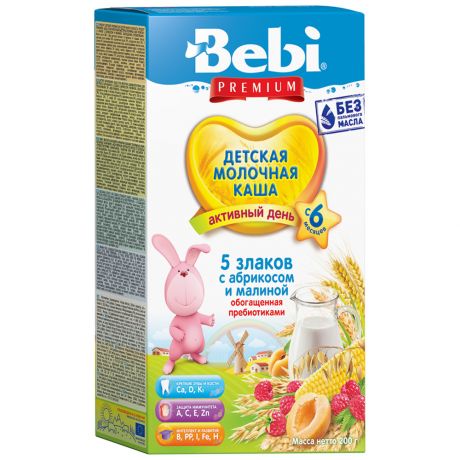Каша 5 злаков Bebi Premium молочная абрикос малина обогащенная пребиотиками с 6 месяцев 200 г