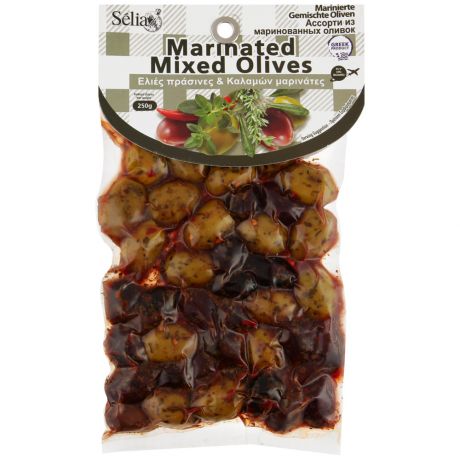 Оливки SIOURAS Marinated mixed olives Ассорти из маринованных оливок с орегано темьяном сладким перцем 250 г