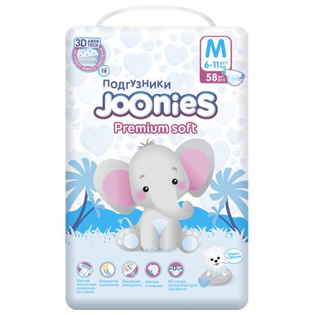 Подгузники Joonies Premium Soft M (6-11 кг, 58 штук)