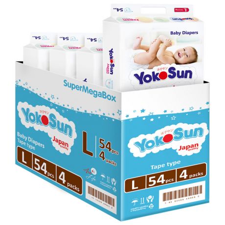 Подгузники YOKOSUN L (9-13 кг) (4 упаковки по 54 шт)