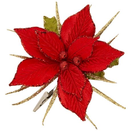 Елочное украшение Magic Time новогоднее Красный цветок с листиками на клипсе 11x14x14 см