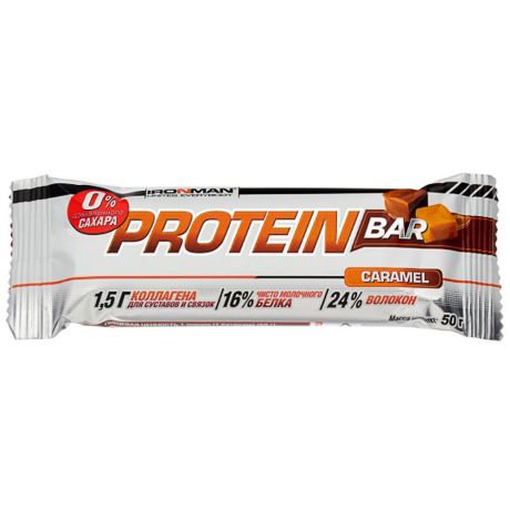 Батончик Ironman протеиновый Protein Bar с коллагеном со вкусом карамели и тёмной глазури без сахара 50 г