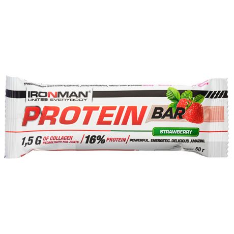Батончик Ironman протеиновый Protein Bar с коллагеном со вкусом клубники в белой глазури 50 г