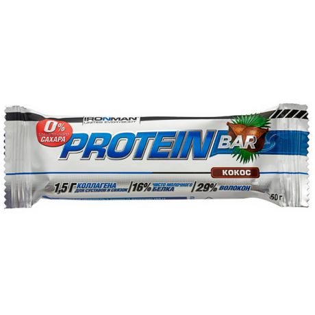 Батончик Ironman протеиновый Protein Bar с коллагеном со вкусом кокоса и тёмной глазури без сахара 50 г