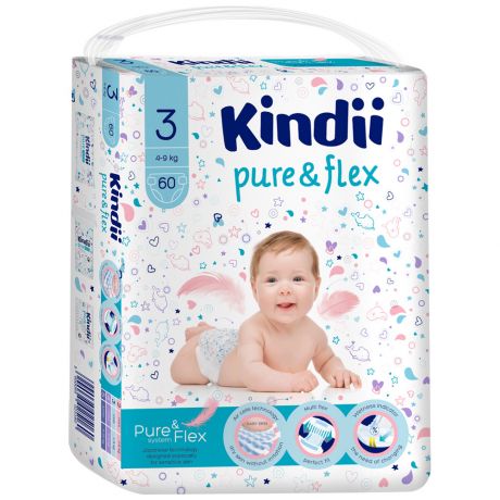 Подгузники Kindii Pure & Flex M 3 (4-9 кг, 60 штук)