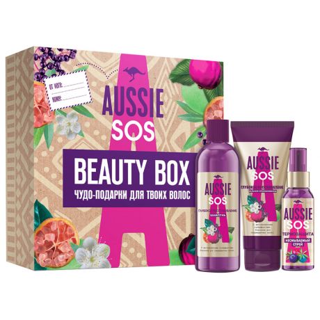 Подарочный набор Aussie Beauty Box SOS Шампунь 290 мл + Бальзам-ополаскиватель 200 мл + Термозащитный спрей 100 мл