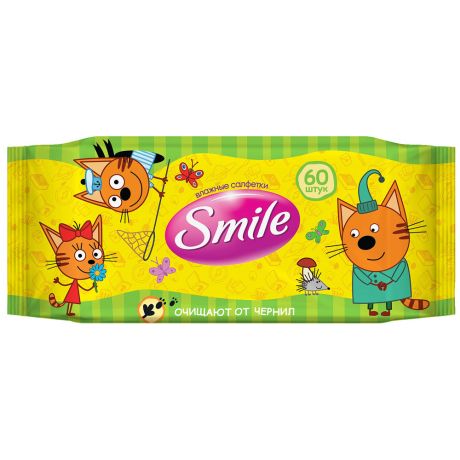 Влажные салфетки Smile Три Кота очищающие от чернил ассорти 60 штук