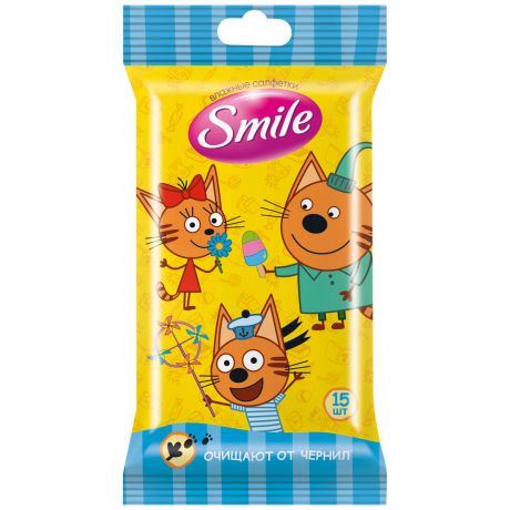 Влажные салфетки Smile Три Кота очищающие от чернил ассорти 15 штук