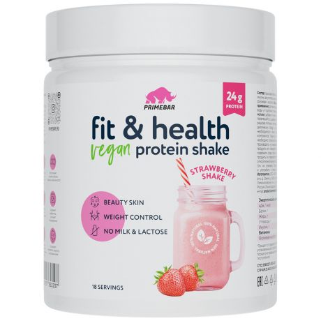 Протеин Primebar Fit & Health VEGAN Protein Shake Мультикомпонентный растительный со вкусом Клубничный коктейль 500 г