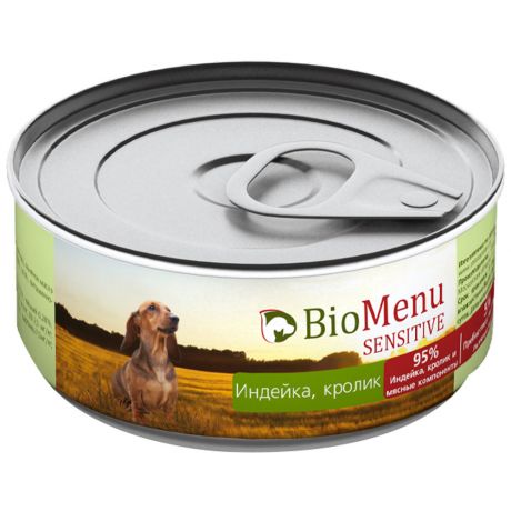 Корм влажный BioMenu Sensitive 95%-Мясо с индейкой и кроликом для собак 100 г