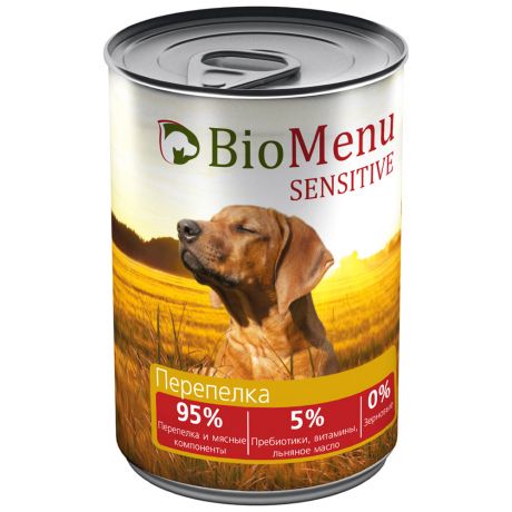 Корм влажный BioMenu Sensitive 95%-Мясо с перепелкой для собак 410 г