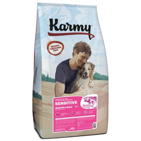 Корм сухой Karmy Sensitive Medium и Maxi для собак средних и крупных пород с чувствительным пищеварением с лососем 15 кг