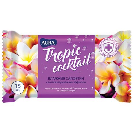 Влажные салфетки Aura Tropic Cocktail с антибактериальным эффектом pocket-pack 15 штук