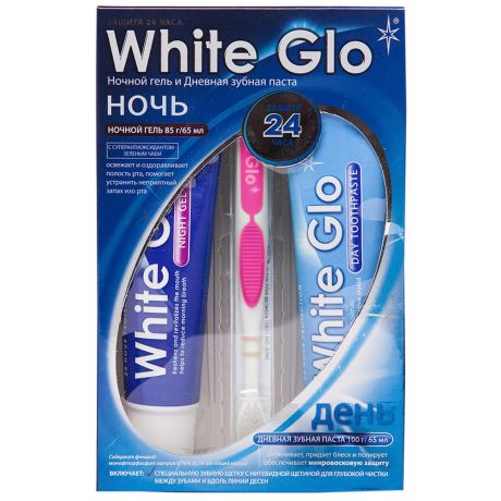 Набор White Glo зубная паста дневная 100 мл и ночной гель 85 мл и зубная щетка розовый