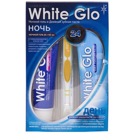 Набор White Glo зубная паста дневная 100 мл и ночной гель 85 мл и зубная щетка оранжевый